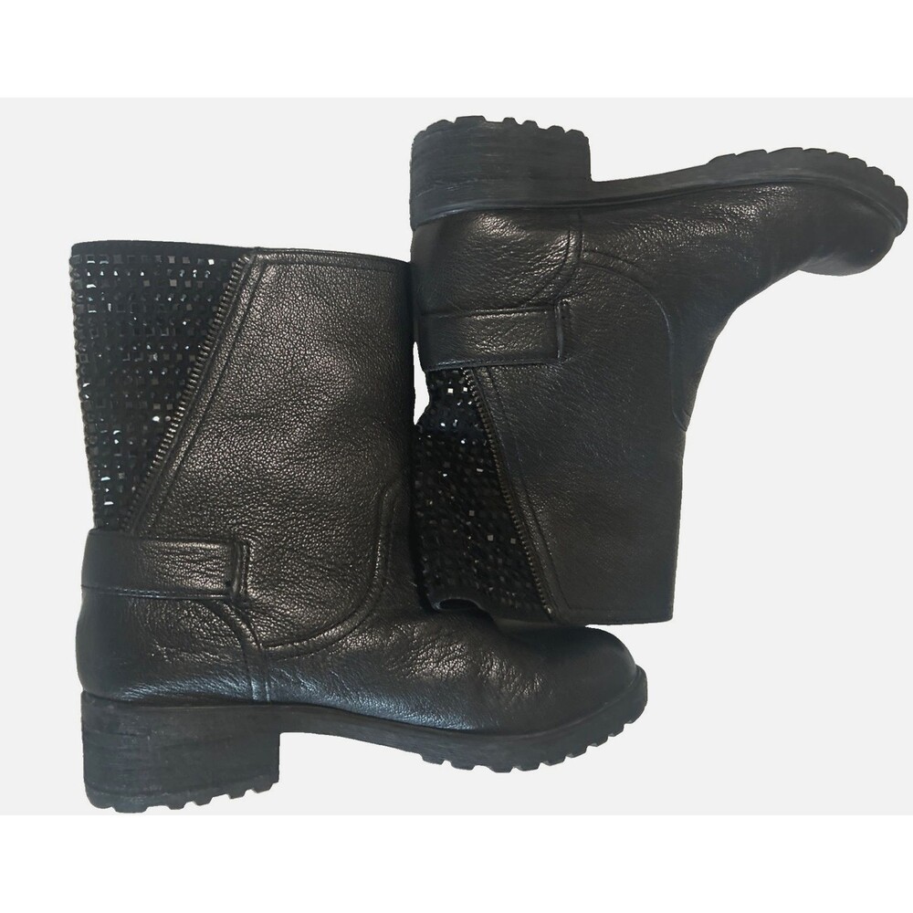 Gianni Bini Womens 5.5M Black Leather Rhinestone Combat Riding Moto Ankle Boot